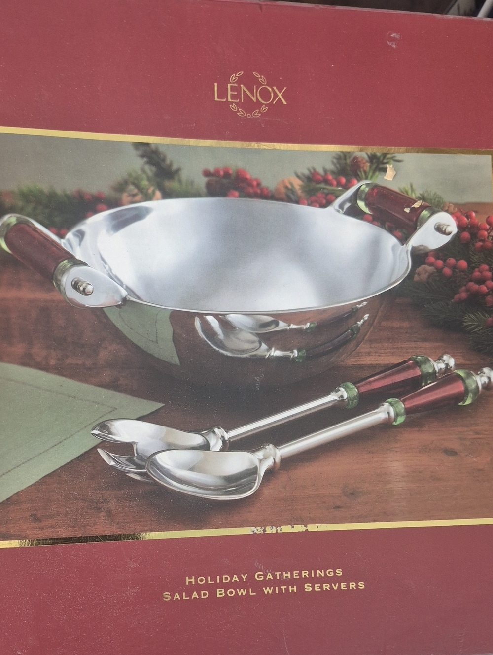 Lenox Metal Salad Bowl With Servers, New In Open Box. 11 Inch Diameter.